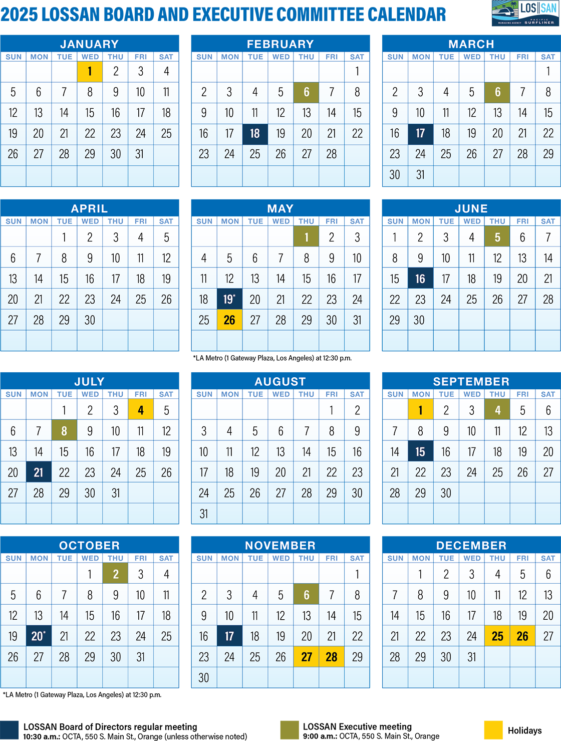 2025 LOSSAN Exective and Board Meetings Calendar