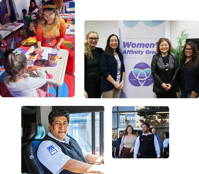 OCTA team members, celebrating, walking and talking, diversity meeting, and at the wheel of an OC Bus.