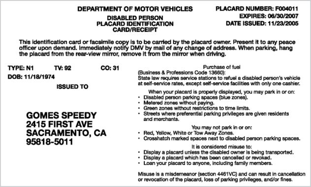 Receipt for a DMV Disabled Person Placard