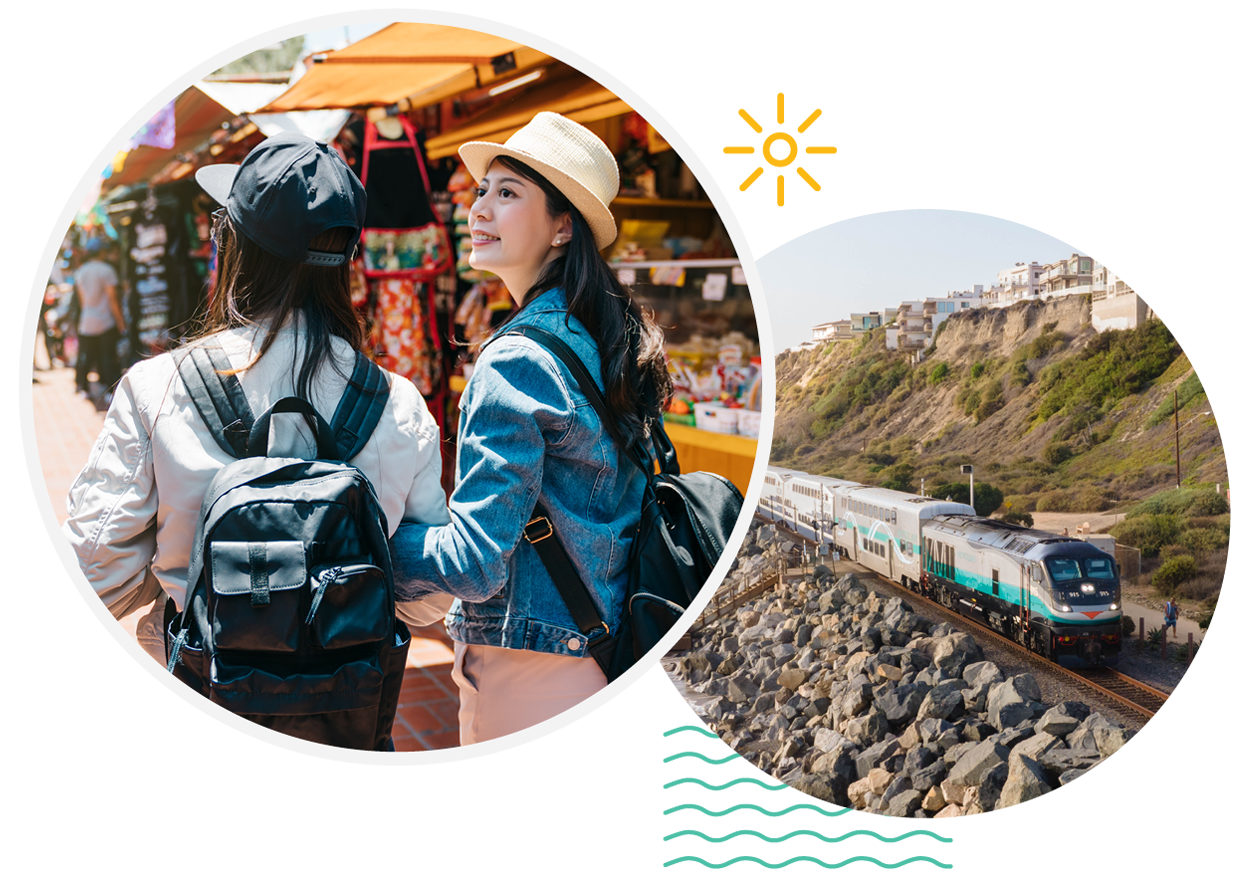 collage of young women and metrolink train